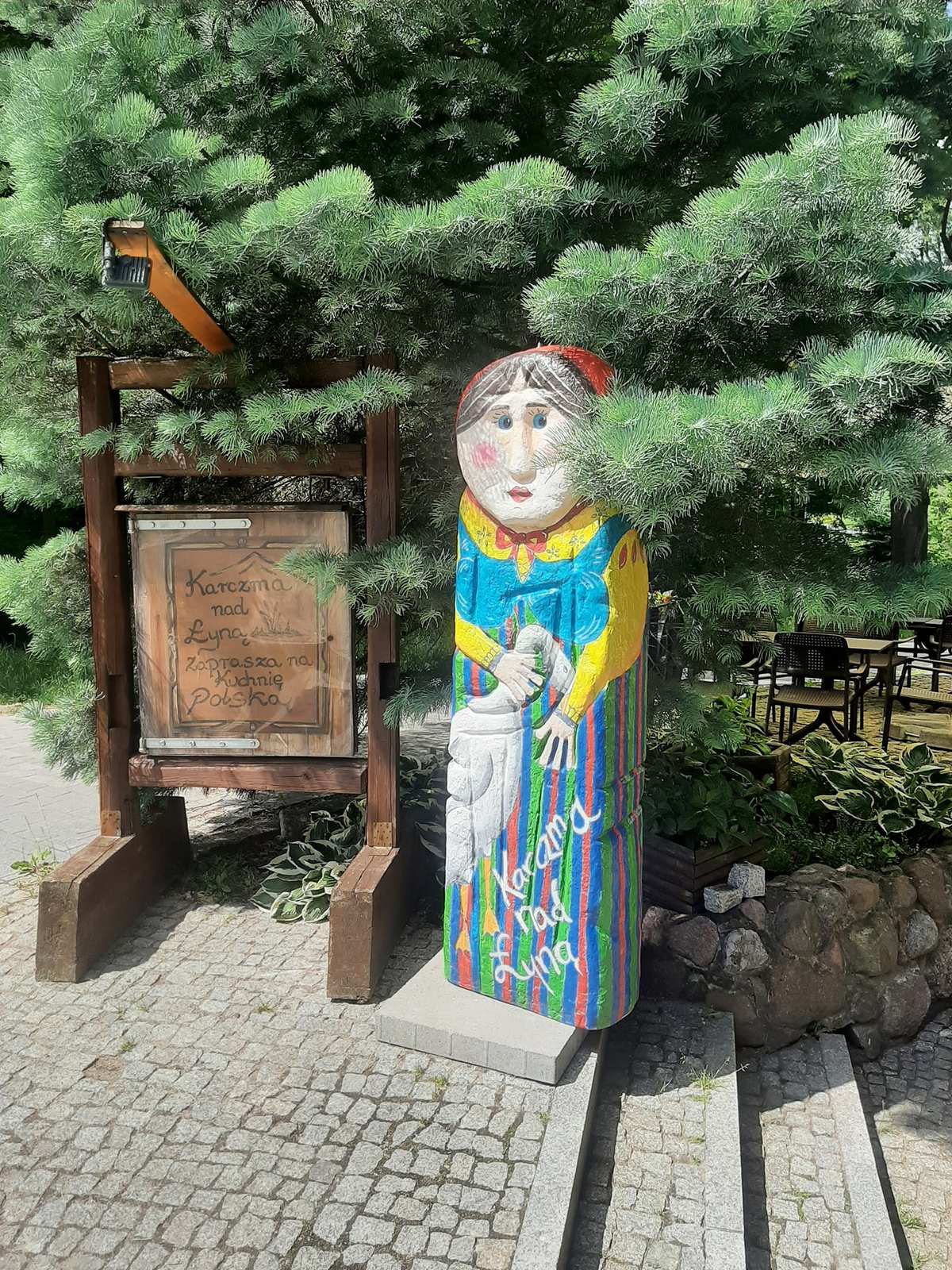 Wejście do Karczmy Nad Łyną — drewniana tablica i figurek ludowy